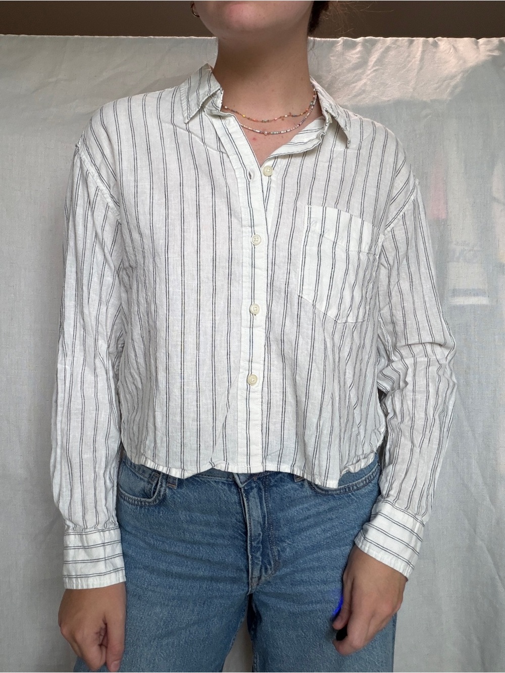 GAP linen cotton blend stripe cropped boxy fit button up shirt size small